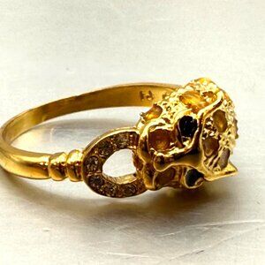 Gold Tone Panther Head Ring Rhinestone Accent Statement Animal Ring